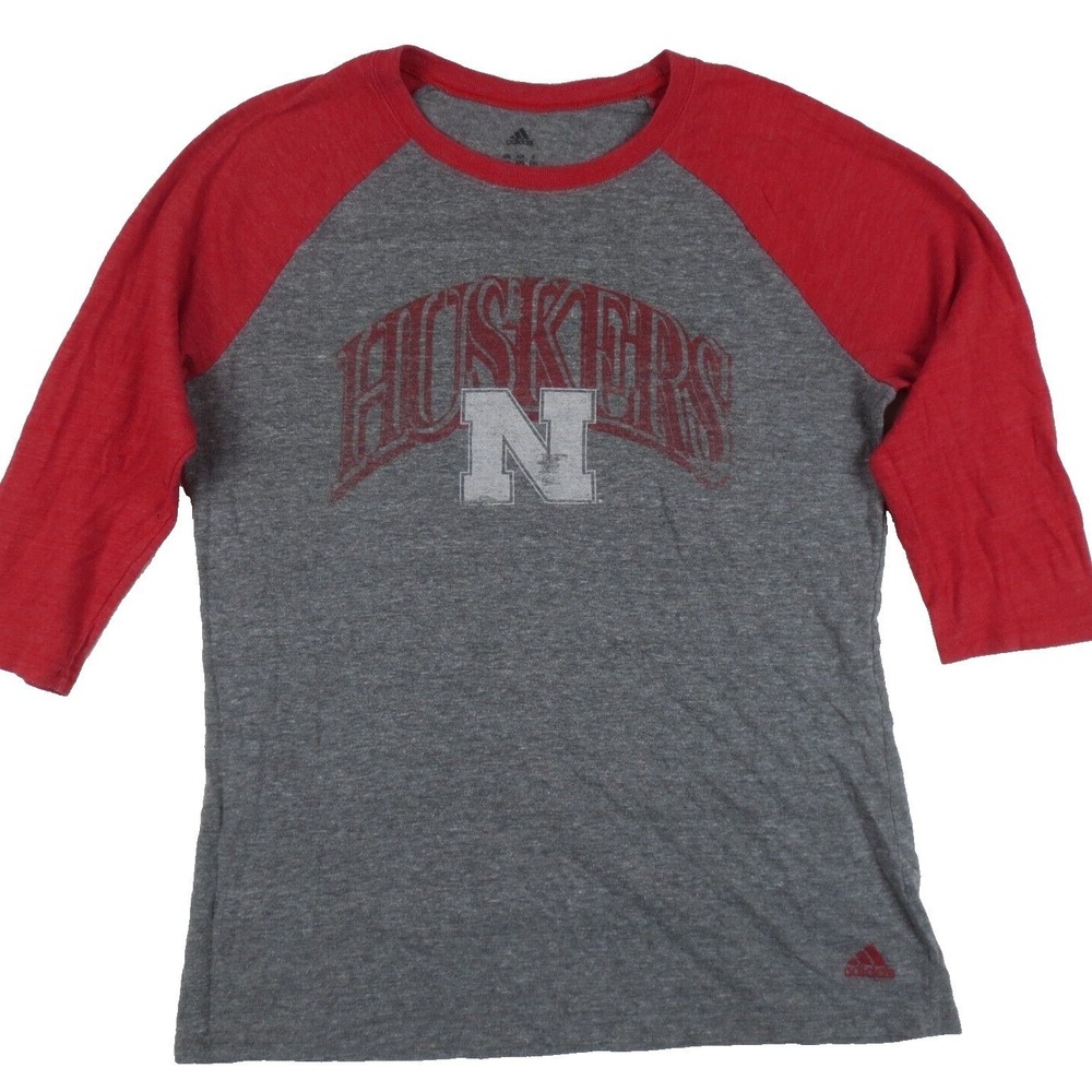 Nebraska Corn Huskers NCAA Adidas T Shirt Womens 2XL Gray Red 3/4 Sleeve Raglan